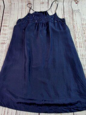 EILEEN FISHER Habutai Racerback Cami Dress Small Navy Blue Sequined Silk Beaded